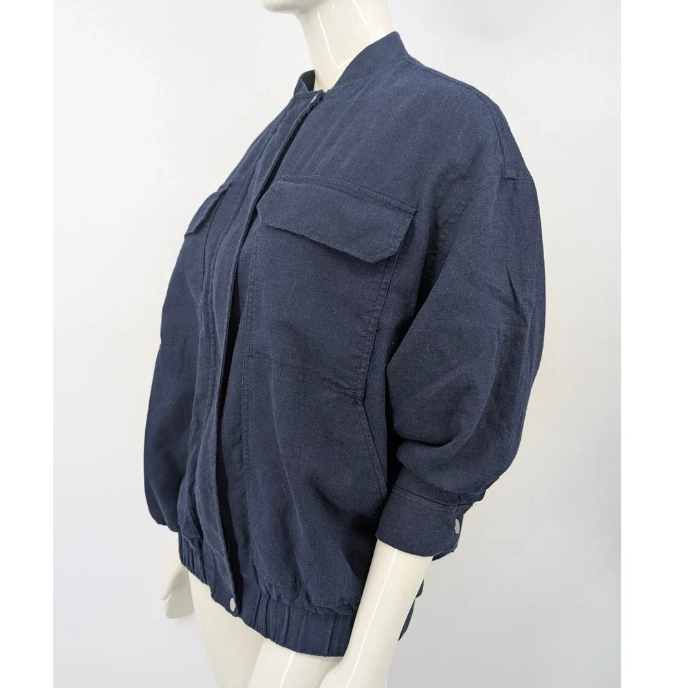 Zara Linen Blend Bomber Jacket Womens Navy Blue Utility Size S